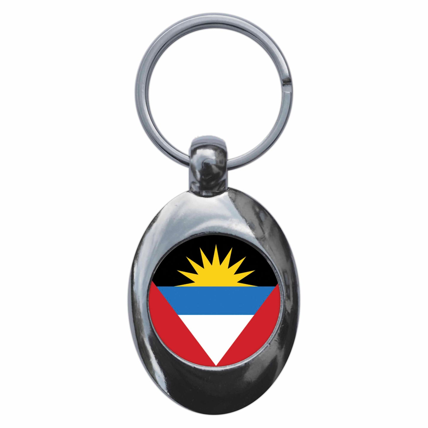A picture of the front of the product, titled Angola Angolan National Flag Metal Keyring With Trolley Coin