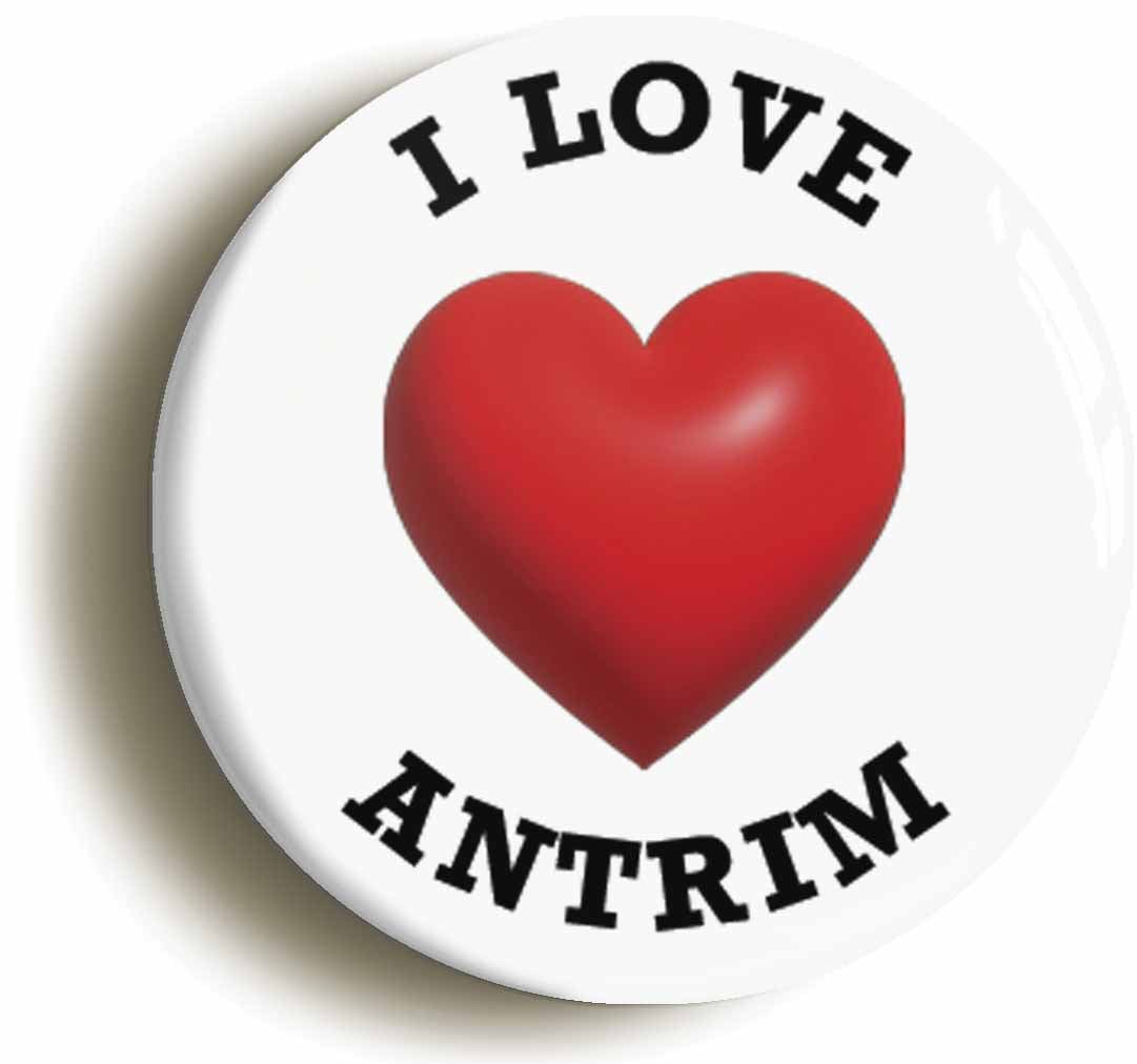 A picture of the front of the product, titled I Heart Love Antrim Location Circular 50mm Fridge Magnet