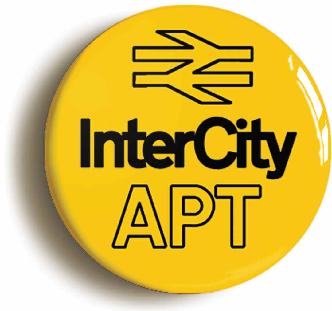 A picture of the front of the product, titled APT Advanced Passenger Train British Rail Circular 50mm Fridge Magnet