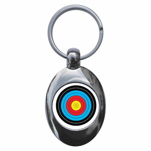 A picture of the front of the product, titled Archery Target Metal Keyring With Trolley Coin