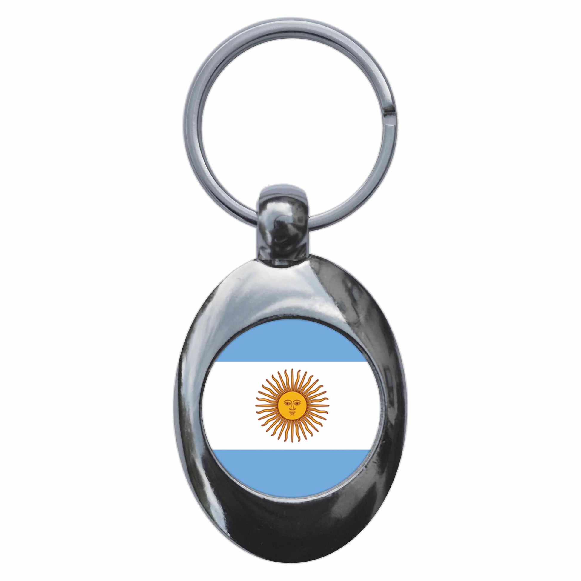 A picture of the front of the product, titled Argentina Argentinian National Flag Metal Keyring With Trolley Coin
