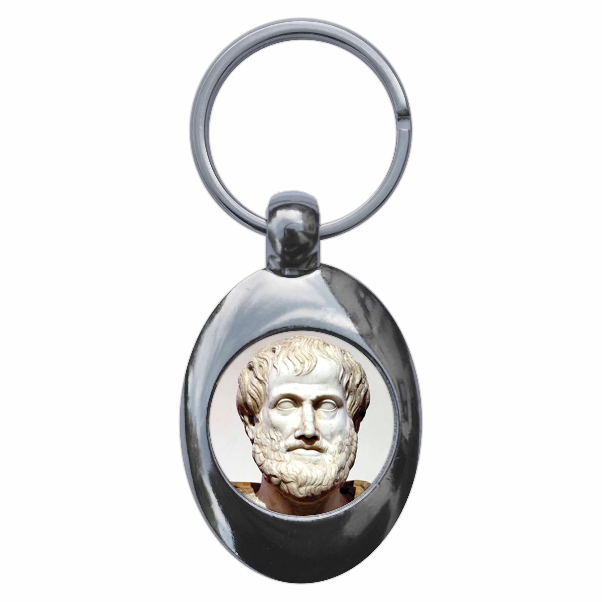 A picture of the front of the product, titled Aristotle Philosophy Metal Keyring With Trolley Coin