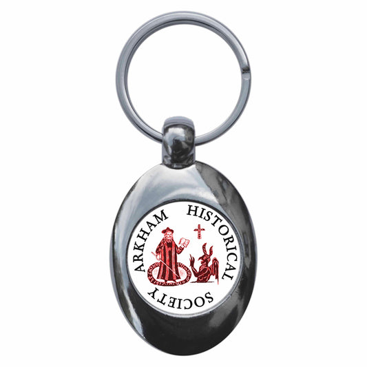A picture of the front of the product, titled Arkham Historical Society Metal Keyring With Trolley Coin