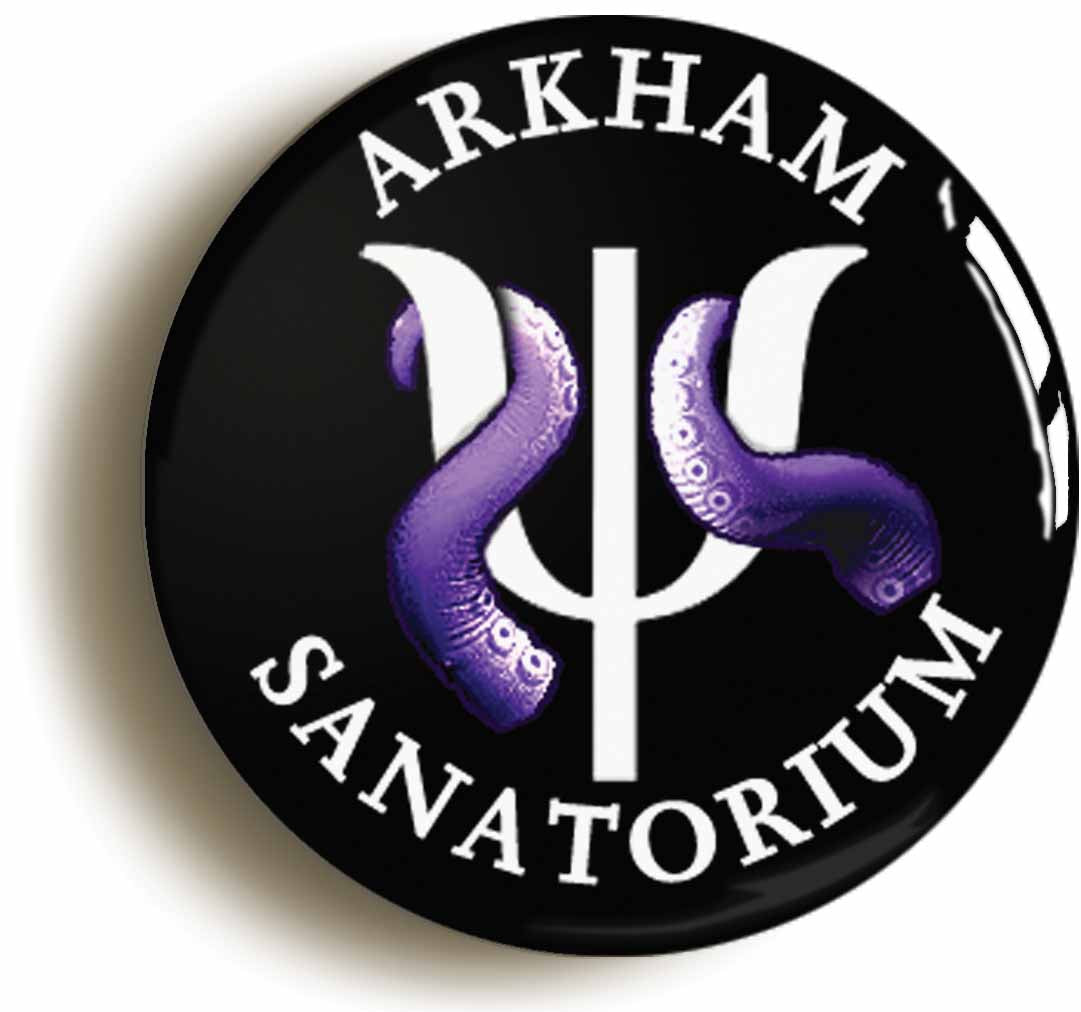 A picture of the front of the product, titled Arkham Sanatorium Circular 50mm Fridge Magnet