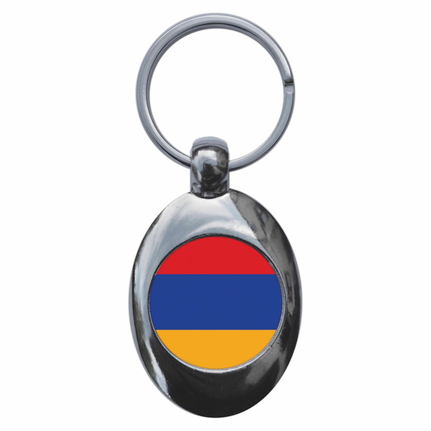 A picture of the front of the product, titled Armenia Armenian National Flag Metal Keyring With Trolley Coin