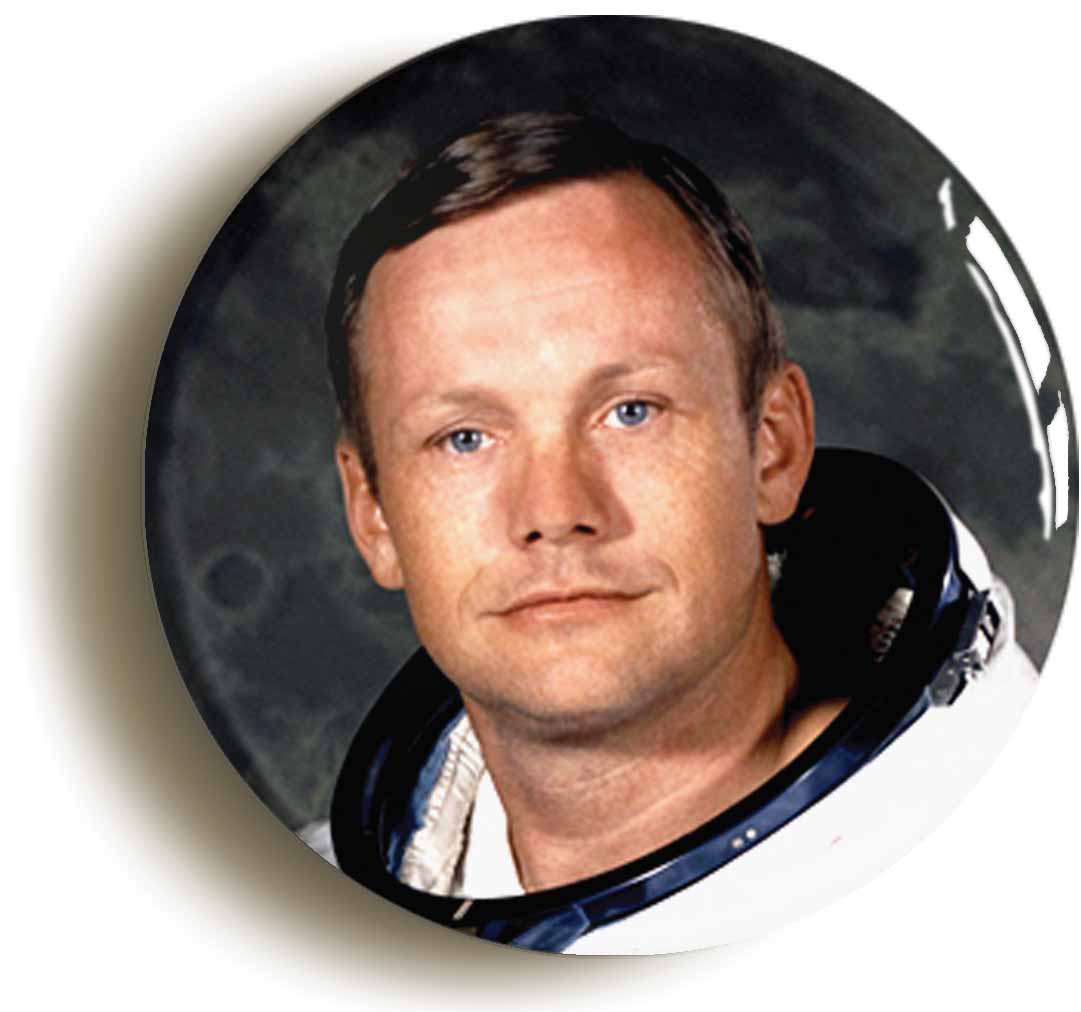 A picture of the front of the product, titled Neil Armstrong Astronaut Apollo Button Pin Badge