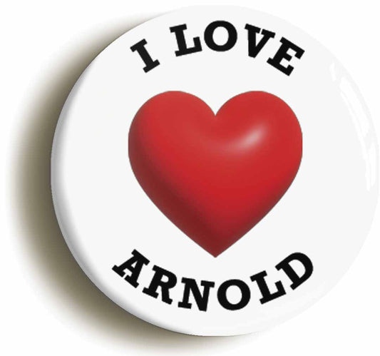 A picture of the front of the product, titled I Heart Love Arnold Location Button Pin Badge