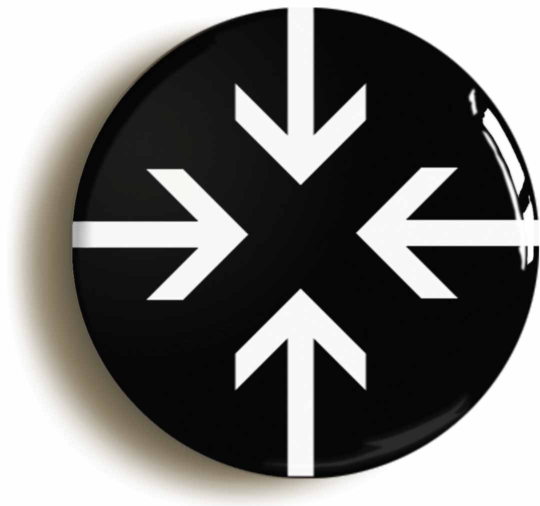 A picture of the front of the product, titled Mod Arrows Pattern Retro Sixties Button Pin Badge