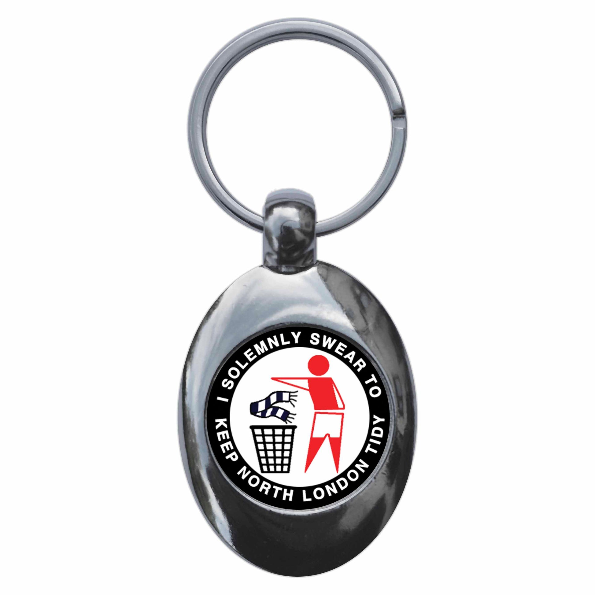 A picture of the front of the product, titled I Solemnly Swear To Keep North London Tidy - A Metal Keyring With Trolley Coin