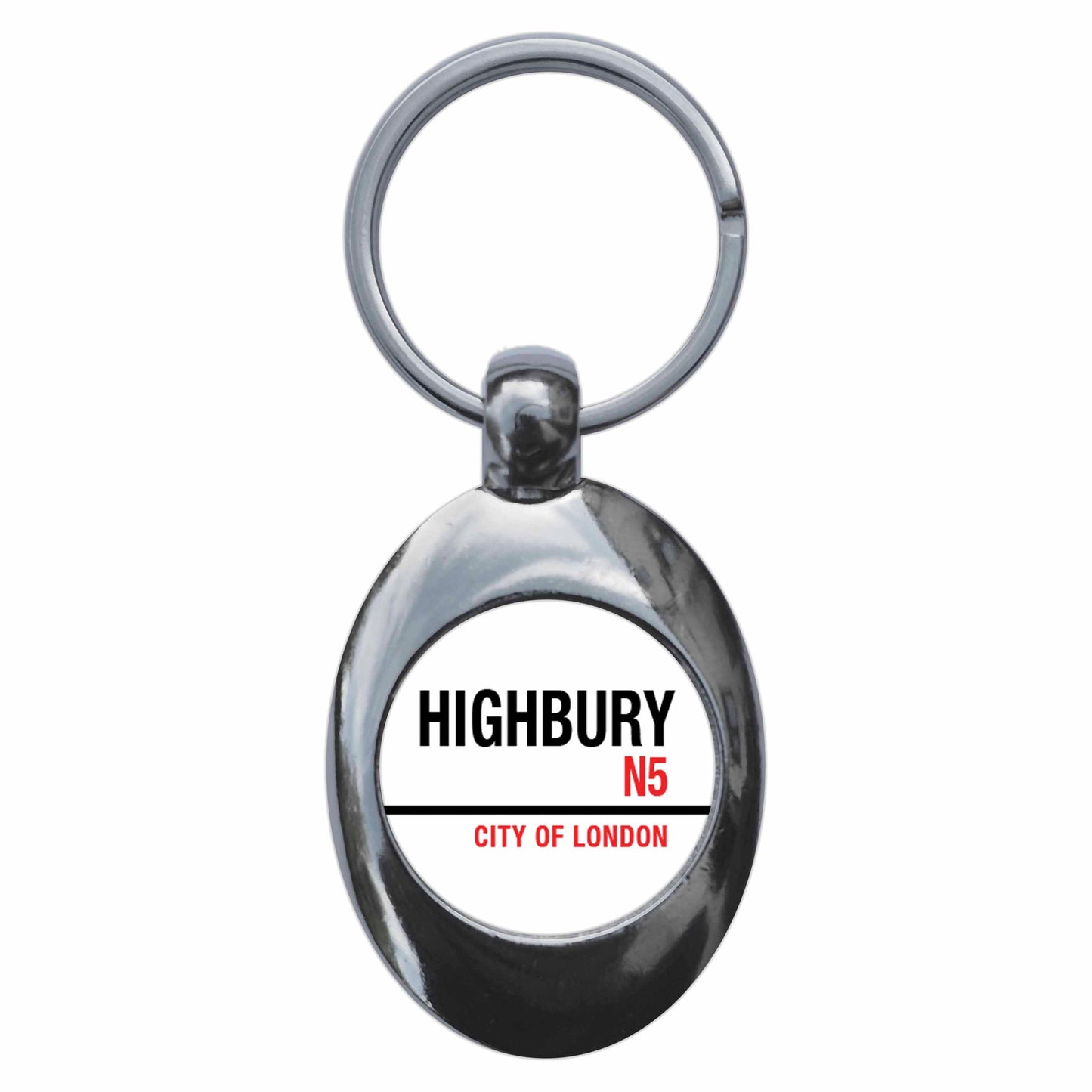 A picture of the front of the product, titled Highbury N5 City Of London Road Sign Metal Keyring With Trolley Coin