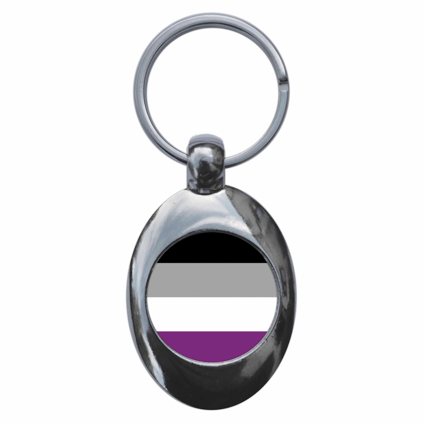 A picture of the front of the product, titled Asexual Pride Flag Metal Keyring With Trolley Coin