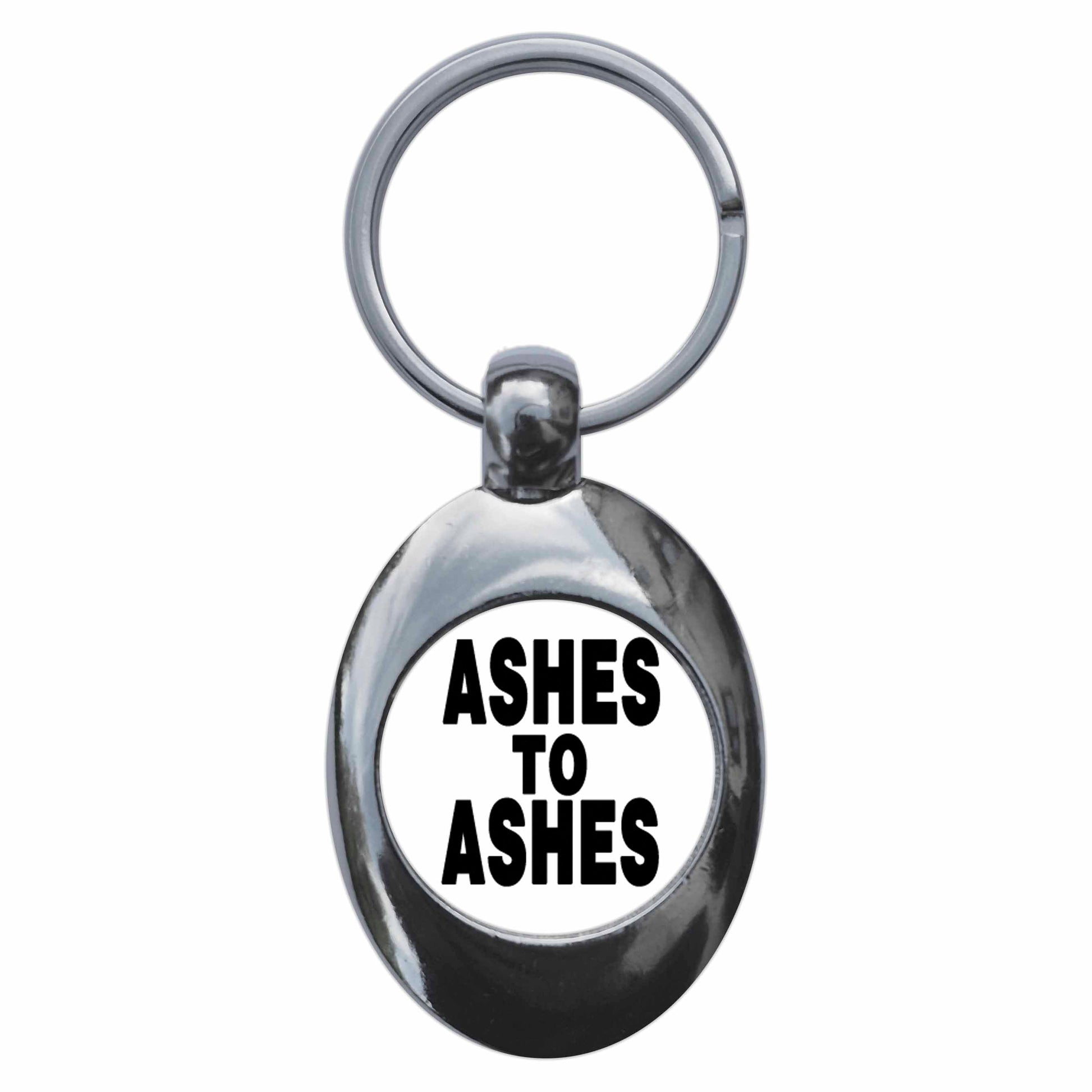 A picture of the front of the product, titled Ashes To Ashes Metal Keyring With Trolley Coin