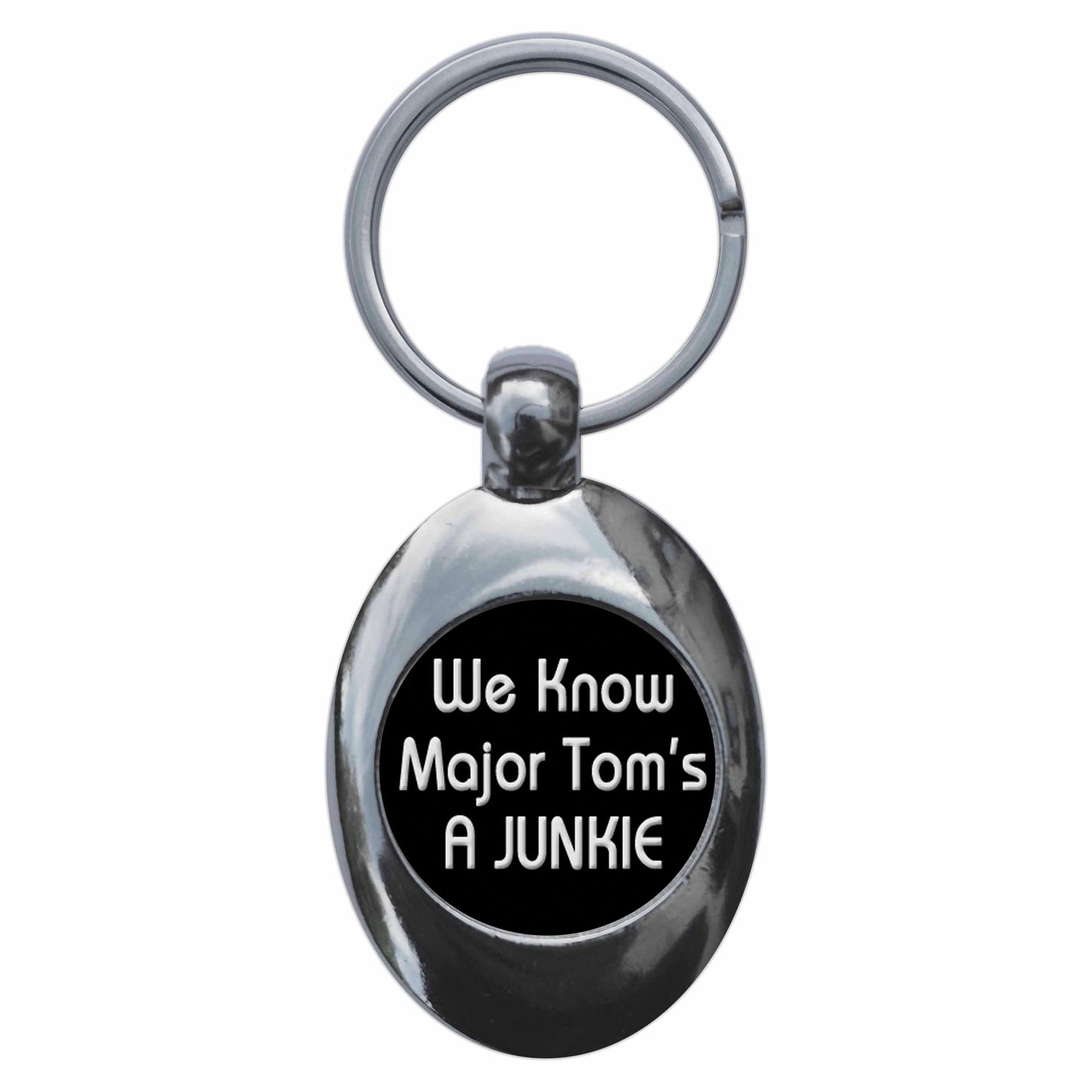 A picture of the front of the product, titled We Know Major Toms A Juniie Metal Keyring With Trolley Coin