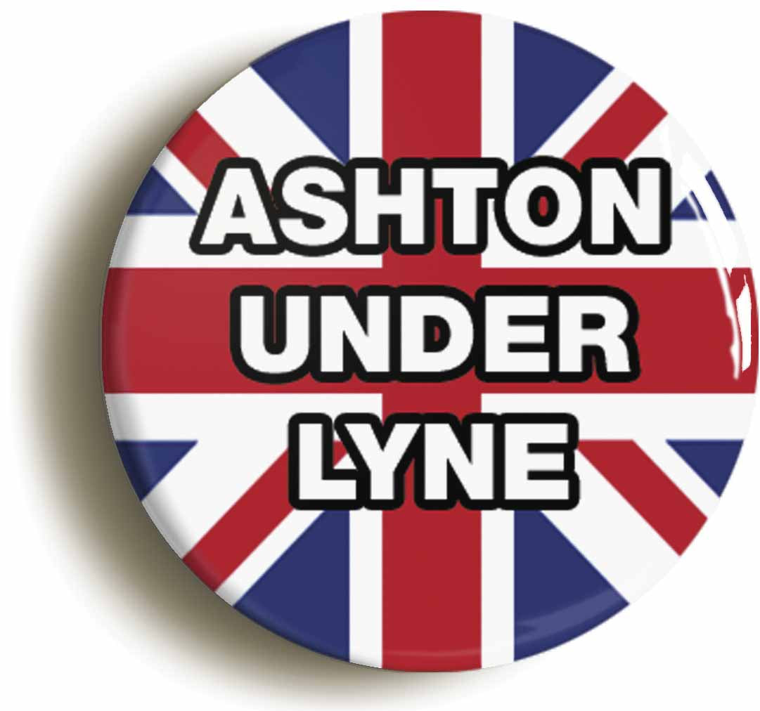 A picture of the front of the product, titled Ashton-Under-Lyne Union Jack Button Pin Badge