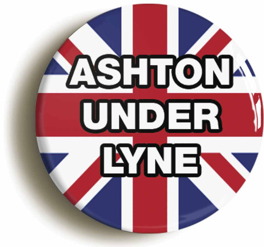 A picture of the front of the product, titled Ashton-Under-Lyne Union Jack Circular 50mm Fridge Magnet