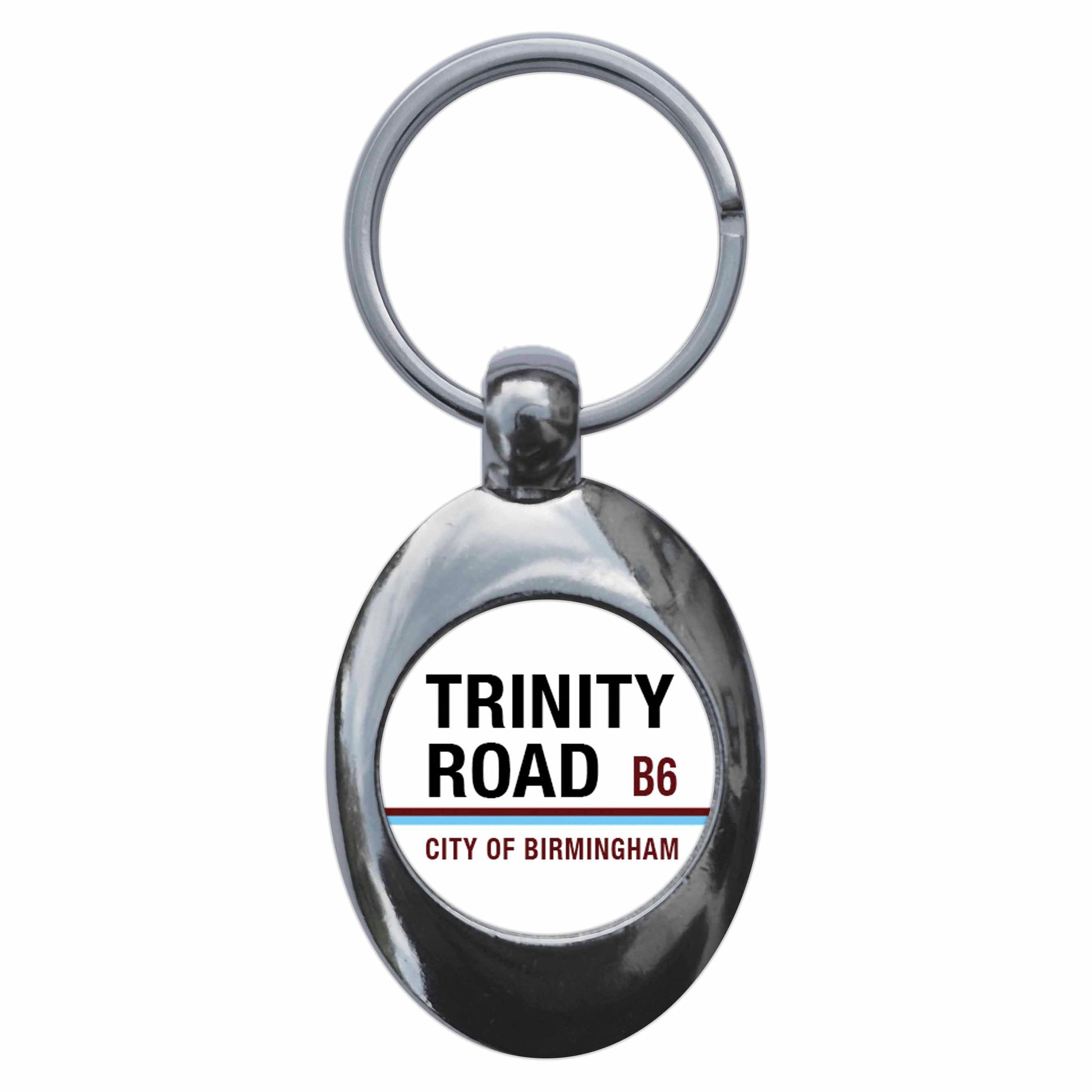 A picture of the front of the product, titled Trinity Road B6 Birmingham Road Sign Metal Keyring With Trolley Coin