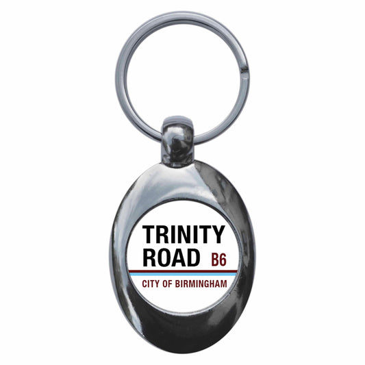 A picture of the front of the product, titled Trinity Road B6 Birmingham Road Sign Metal Keyring With Trolley Coin
