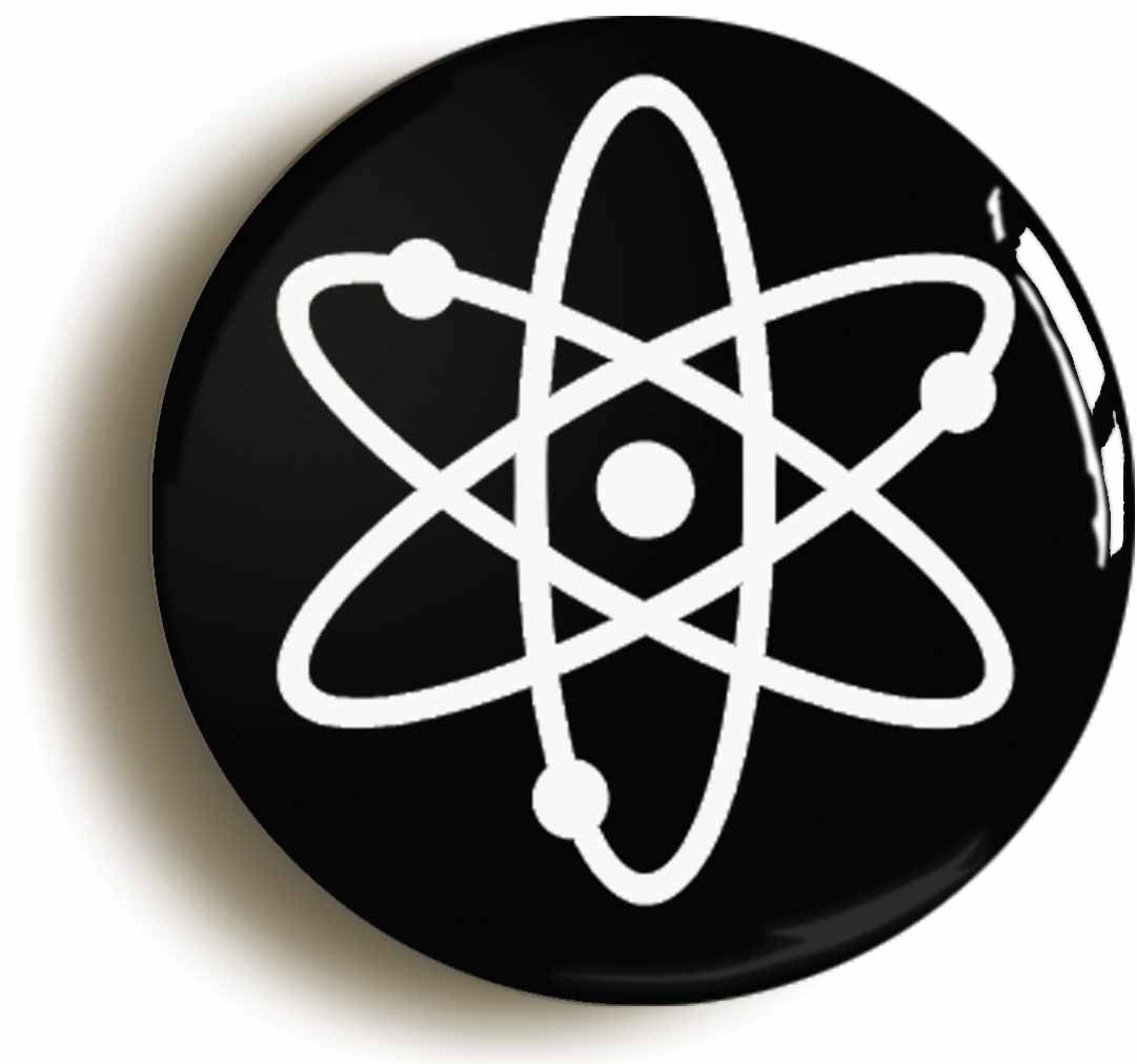 A picture of the front of the product, titled Atom Symbol Black Button Pin Badge
