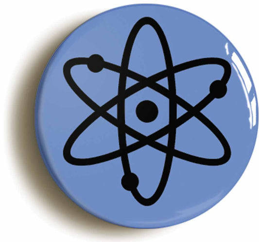 A picture of the front of the product, titled Atom Symbol Blue Circular 50mm Fridge Magnet