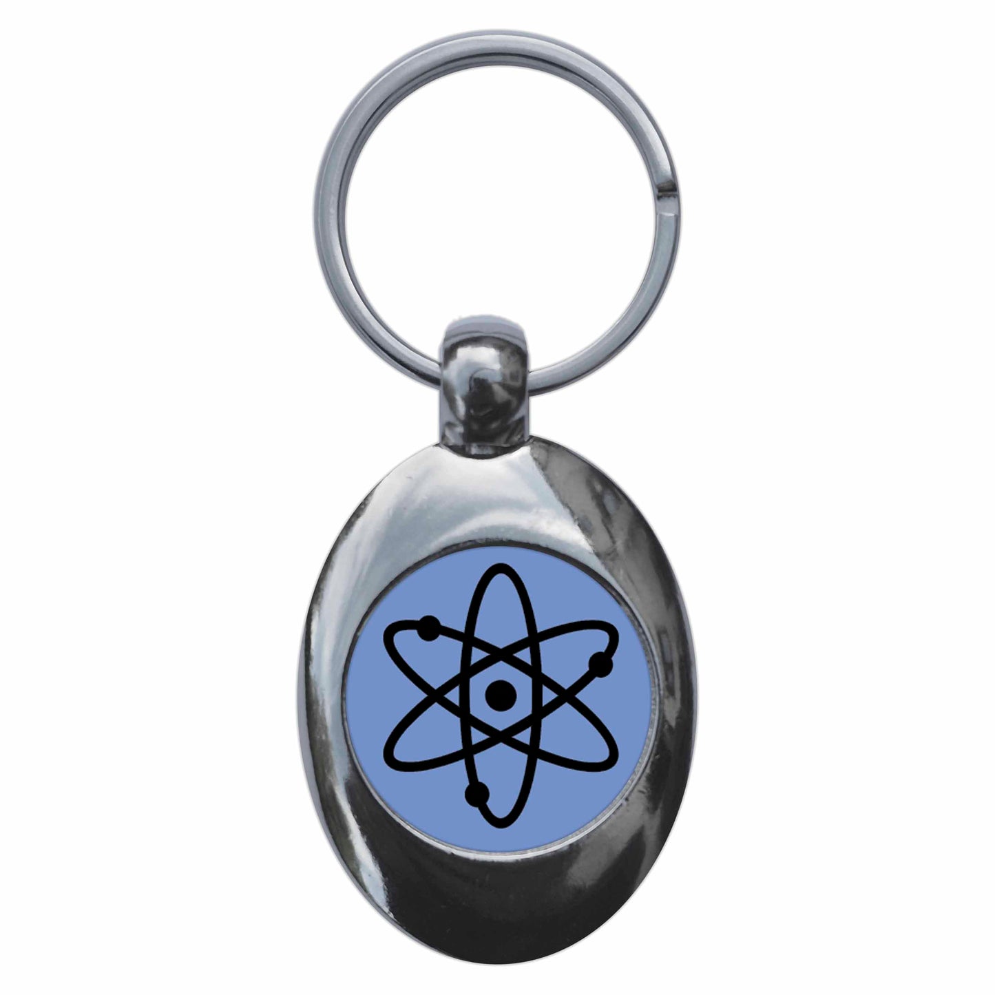 A picture of the front of the product, titled Atom Symbol Blue Metal Keyring With Trolley Coin