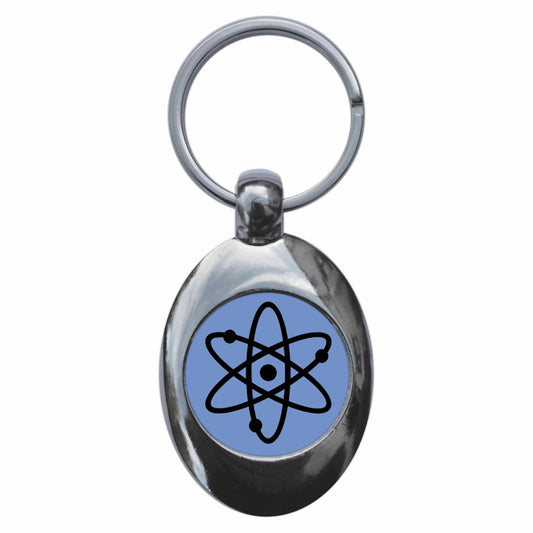 A picture of the front of the product, titled Atom Symbol Blue Metal Keyring With Trolley Coin