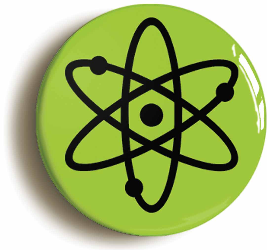 A picture of the front of the product, titled Atom Symbol Green Circular 50mm Fridge Magnet