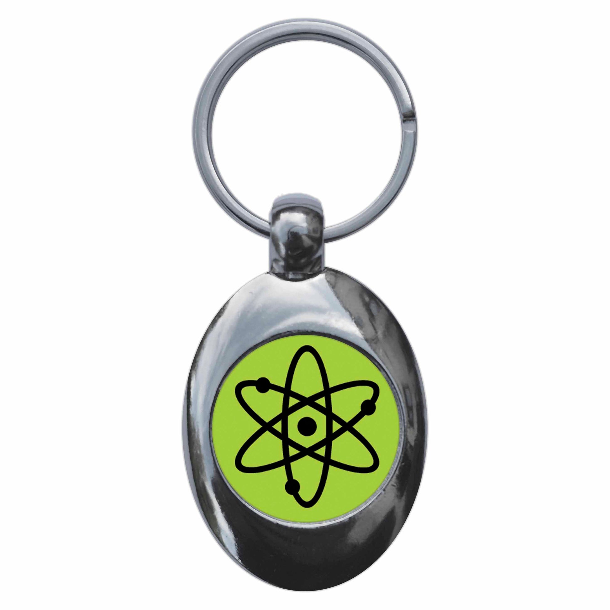 A picture of the front of the product, titled Atom Symbol Green Metal Keyring With Trolley Coin