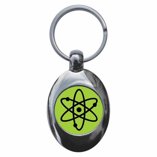 A picture of the front of the product, titled Atom Symbol Green Metal Keyring With Trolley Coin