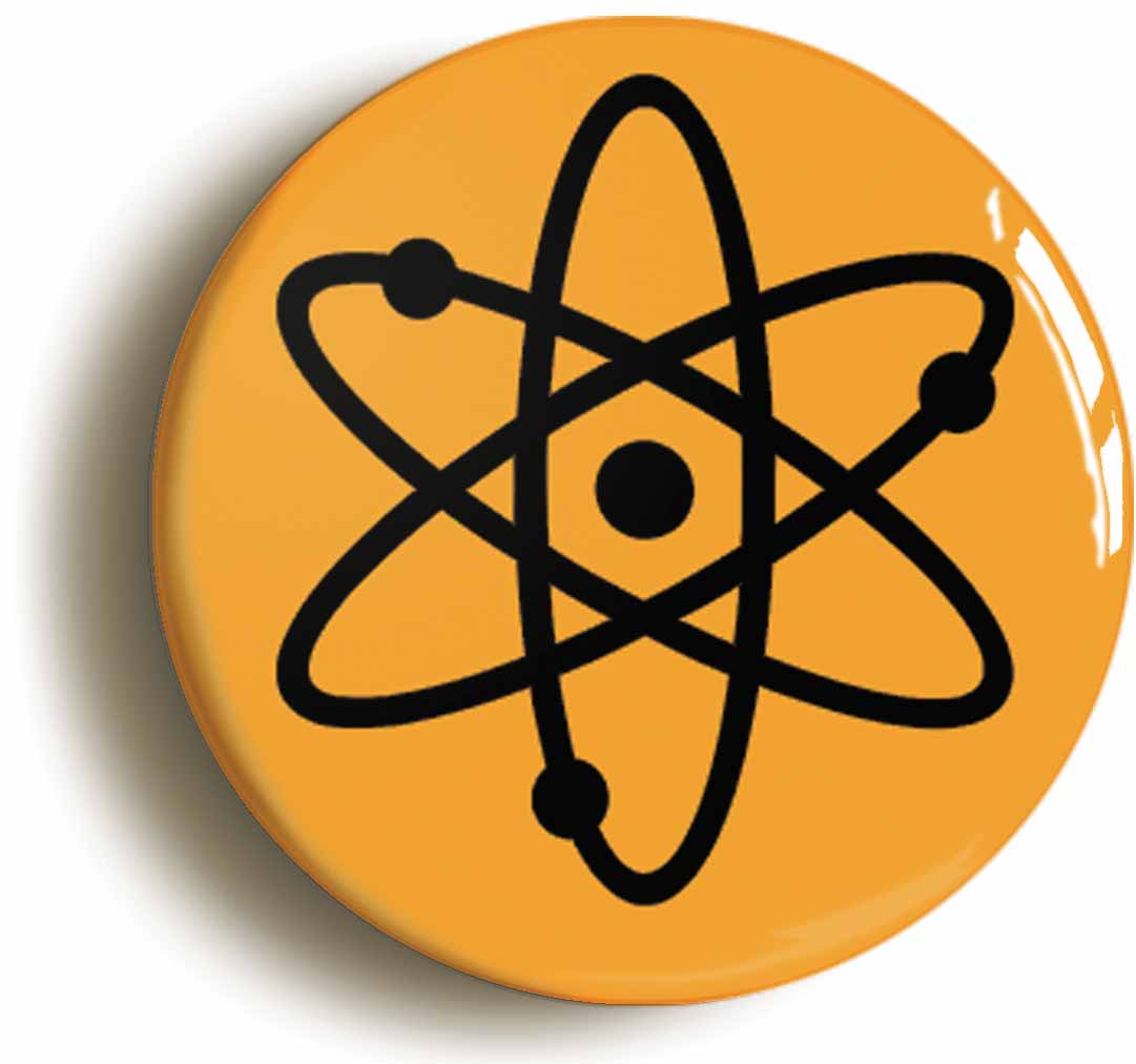 A picture of the front of the product, titled Atom Symbol Orange Science Button Pin Badge
