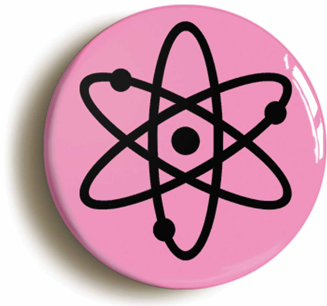 A picture of the front of the product, titled Atom Symbol Pink Button Pin Badge