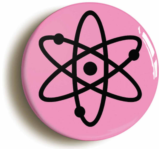 A picture of the front of the product, titled Atom Symbol Pink Button Pin Badge