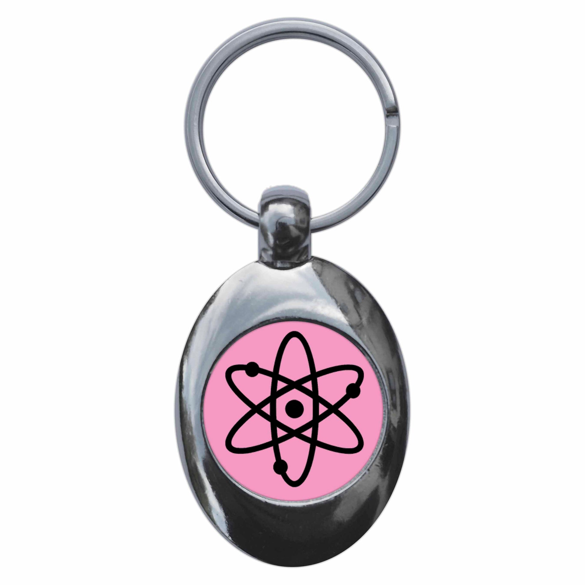 A picture of the front of the product, titled Atom Symbol Pink Metal Keyring With Trolley Coin