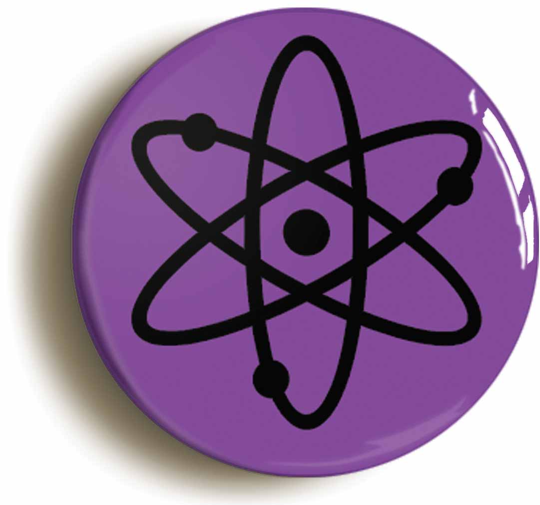 A picture of the front of the product, titled Atom Symbol Purple Science Button Pin Badge