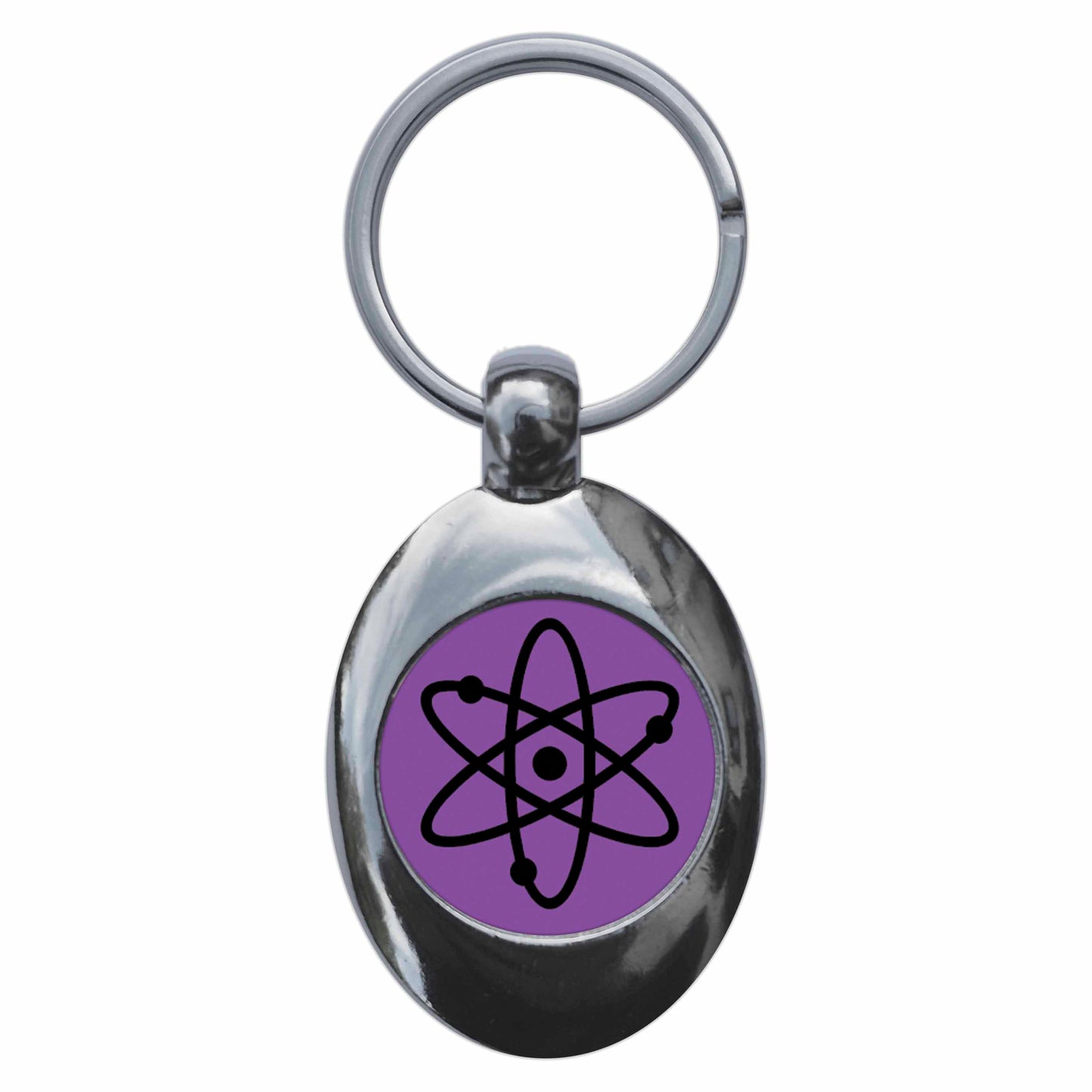 A picture of the front of the product, titled Atom Symbol Purple Metal Keyring With Trolley Coin