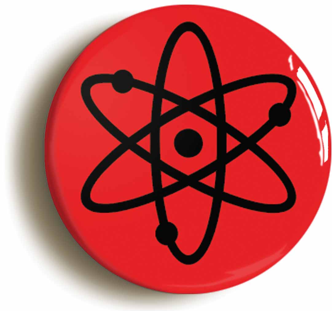 A picture of the front of the product, titled Atom Symbol Red Science Button Pin Badge