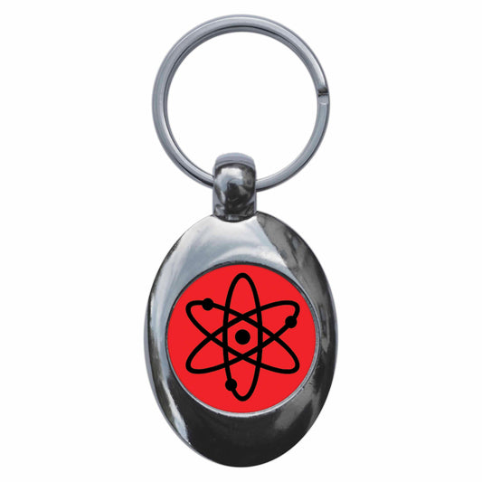 A picture of the front of the product, titled Atom Symbol Red Metal Keyring With Trolley Coin