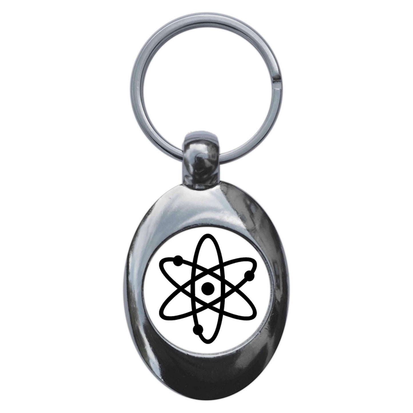 A picture of the front of the product, titled Atom Symbol White Metal Keyring With Trolley Coin