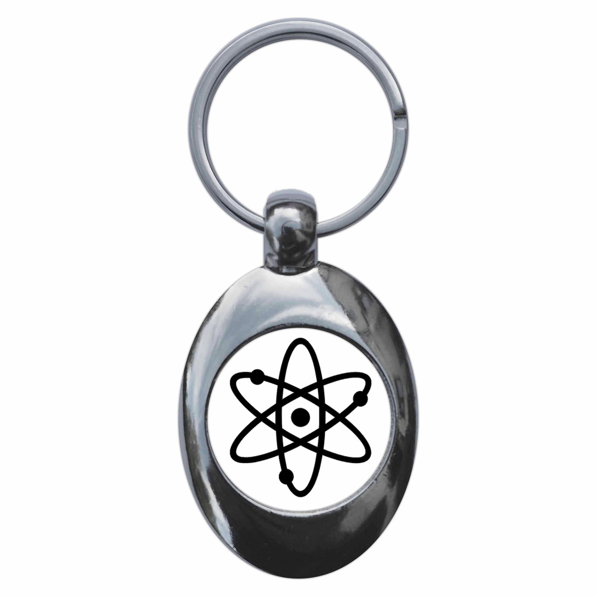 A picture of the front of the product, titled Atom Symbol White Metal Keyring With Trolley Coin