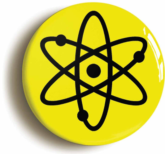 A picture of the front of the product, titled Atom Symbol Yellow Science Button Pin Badge