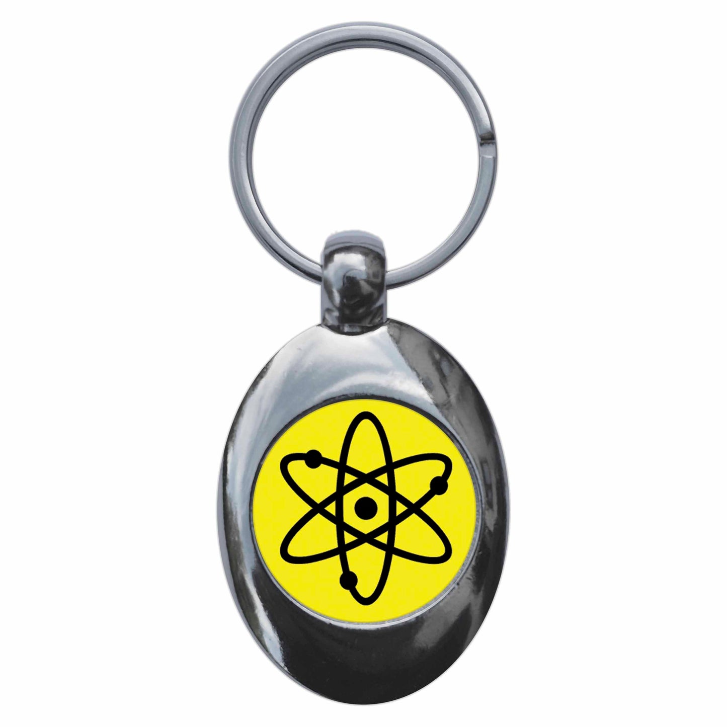 A picture of the front of the product, titled Atom Symbol Yellow Metal Keyring With Trolley Coin