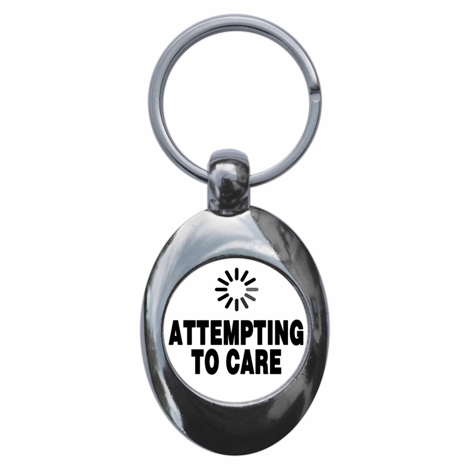 A picture of the front of the product, titled Attempting To Care Metal Keyring With Trolley Coin