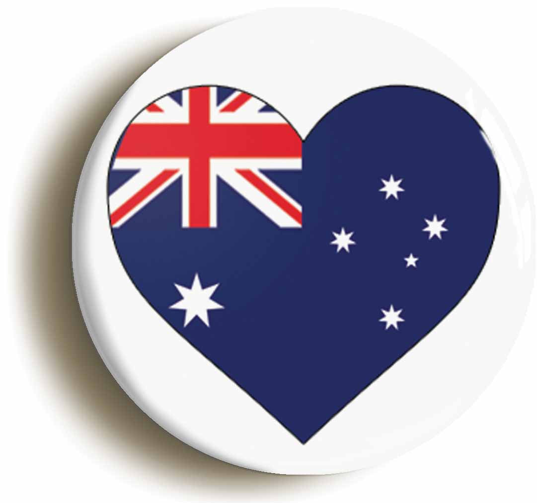 A picture of the front of the product, titled Australia Australian National Flag Heart Button Pin Badge