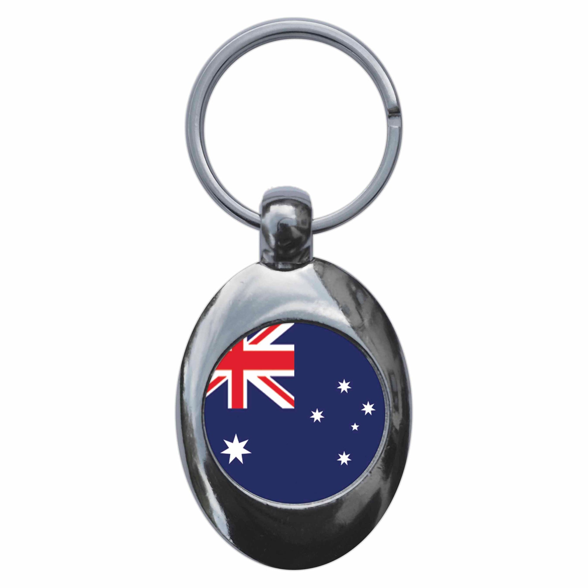 A picture of the front of the product, titled Australia Australian National Flag Metal Keyring With Trolley Coin