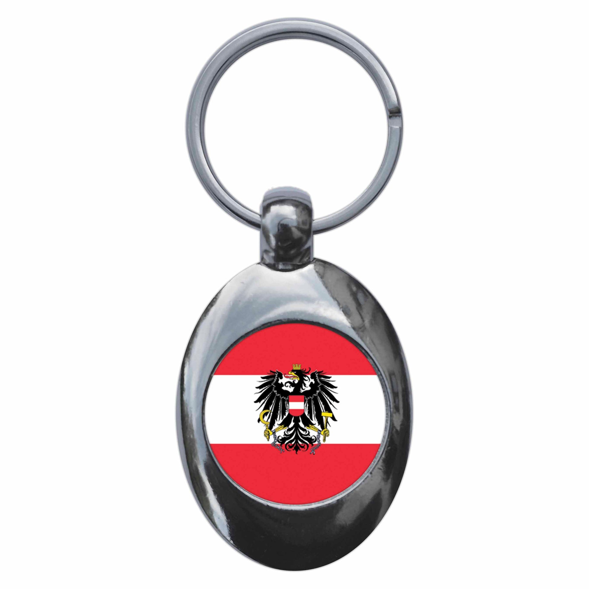 A picture of the front of the product, titled Austria Austrian National Flag Metal Keyring With Trolley Coin