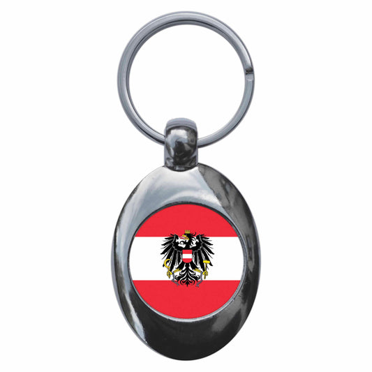 A picture of the front of the product, titled Austria Austrian National Flag Metal Keyring With Trolley Coin