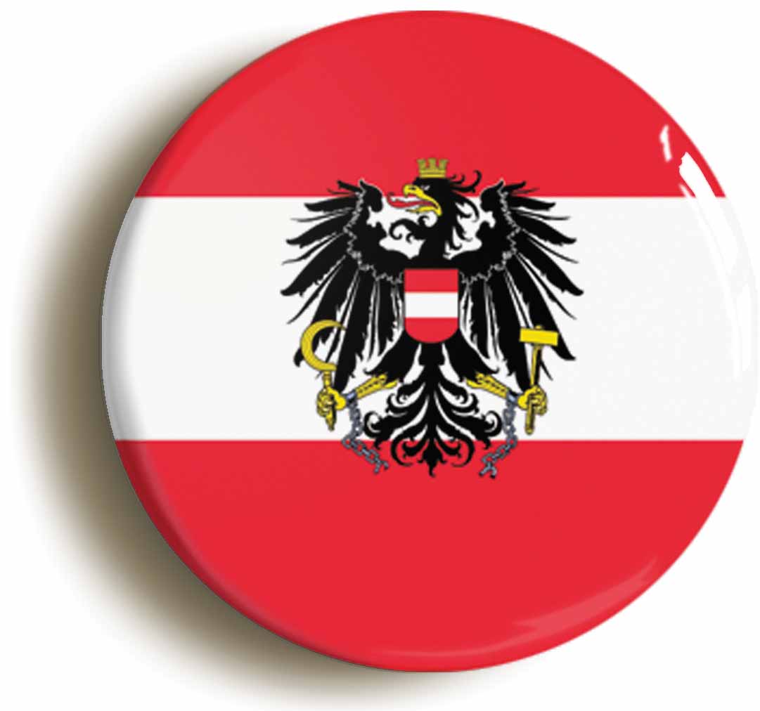 A picture of the front of the product, titled Austria Austrian National Flag Circular 50mm Fridge Magnet