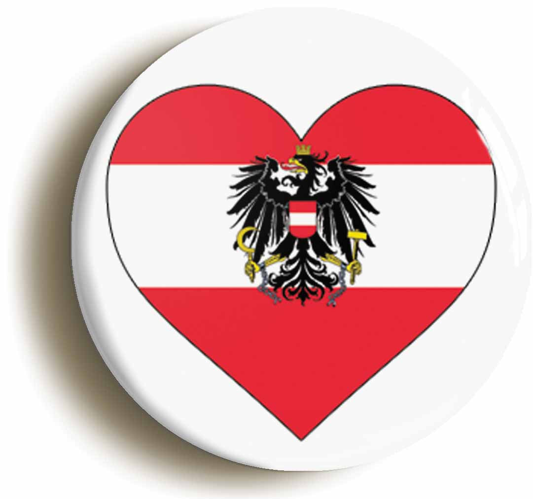 A picture of the front of the product, titled Austria Austrian National Flag Heart Button Pin Badge