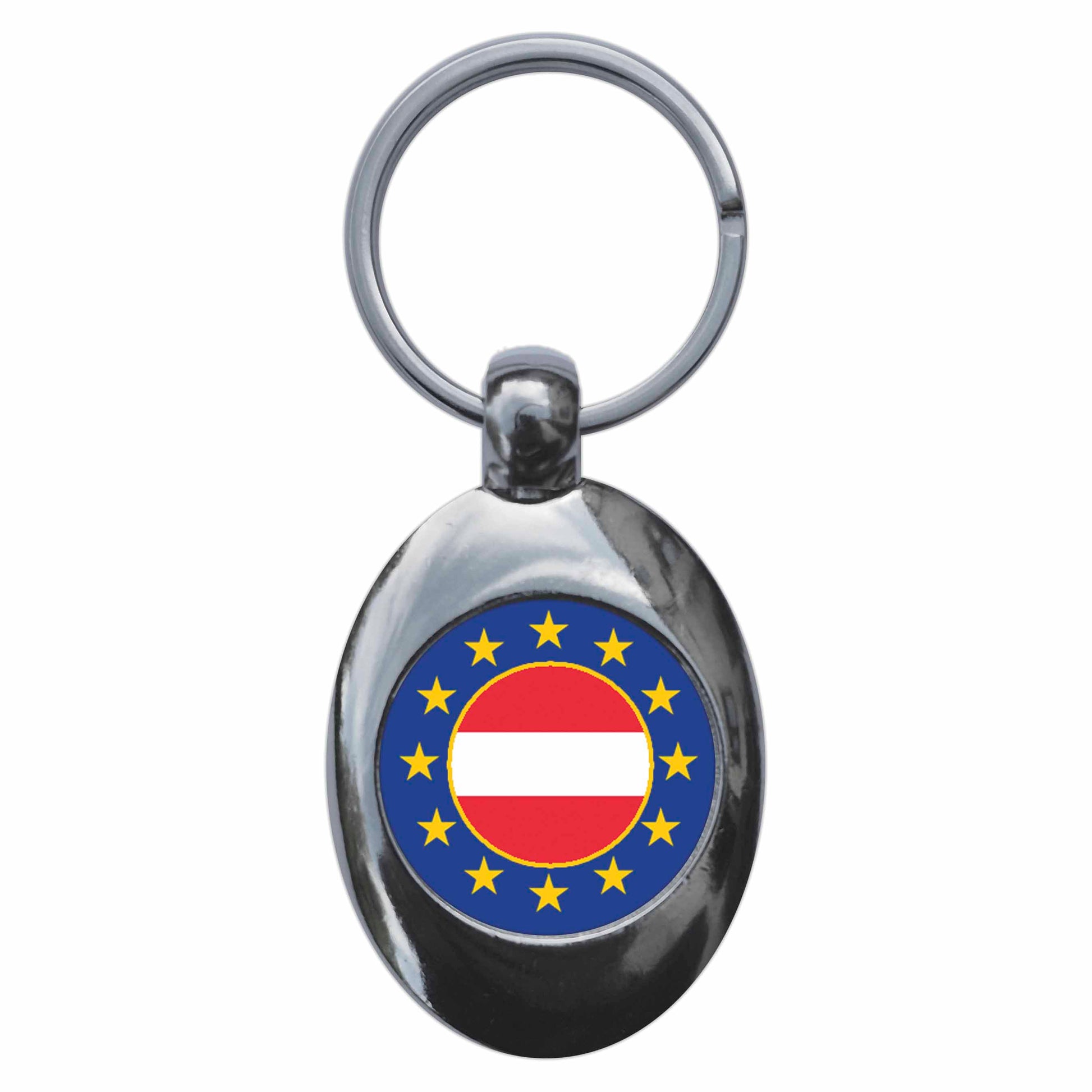 A picture of the front of the product, titled Austria European Union Split Flag Metal Keyring With Trolley Coin