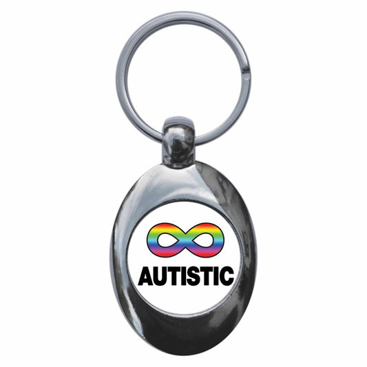 A picture of the front of the product, titled Autistic Pride Autism Spectrum ASD Metal Keyring With Trolley Coin
