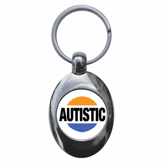 A picture of the front of the product, titled Autistic Metal Keyring With Trolley Coin
